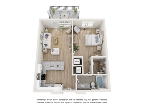 Floor plan for 1 bed, 1 bath, 852 sqft